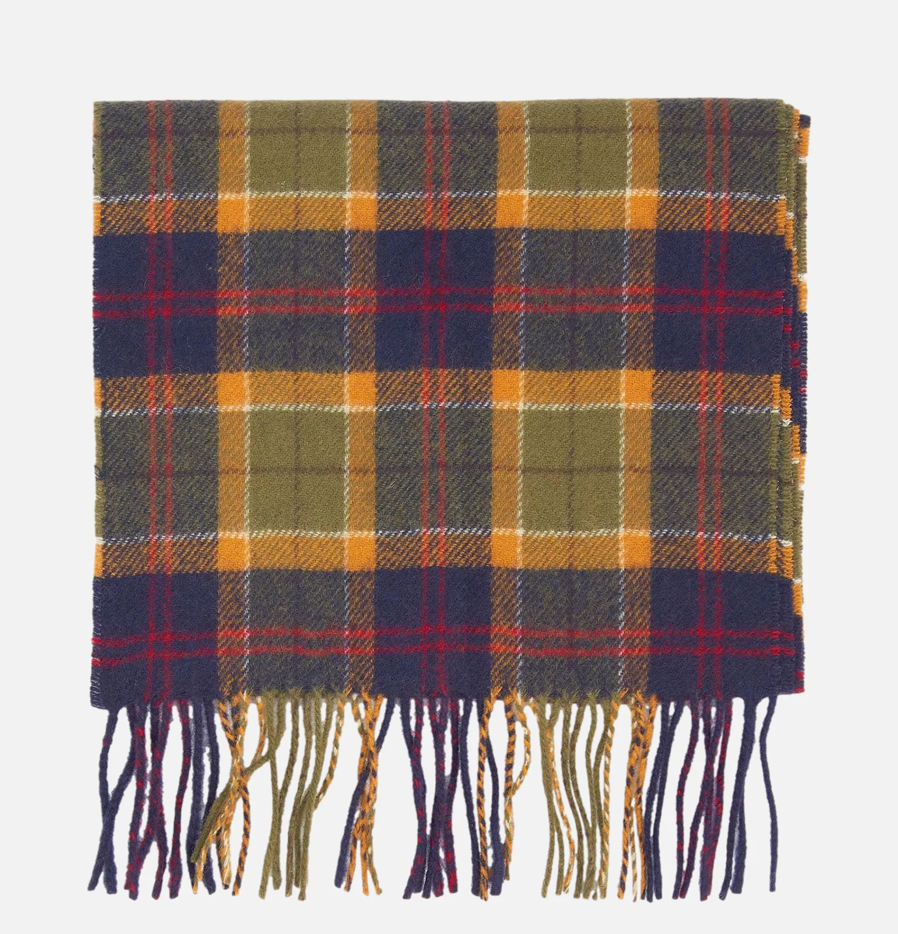 BARBOUR Tartan Lambswool Scarf Green Navy Ocre